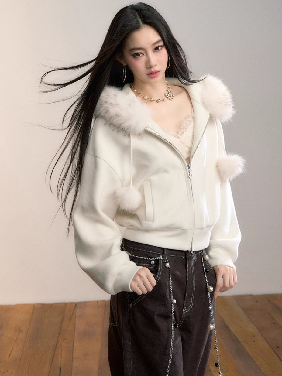 Faux Fur Collar Wool-Blend Fleece Jacket