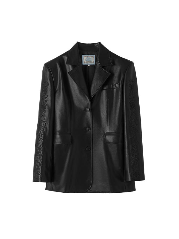 Black & White Floral Embroidered Leather Blazer - CHINASQUAD