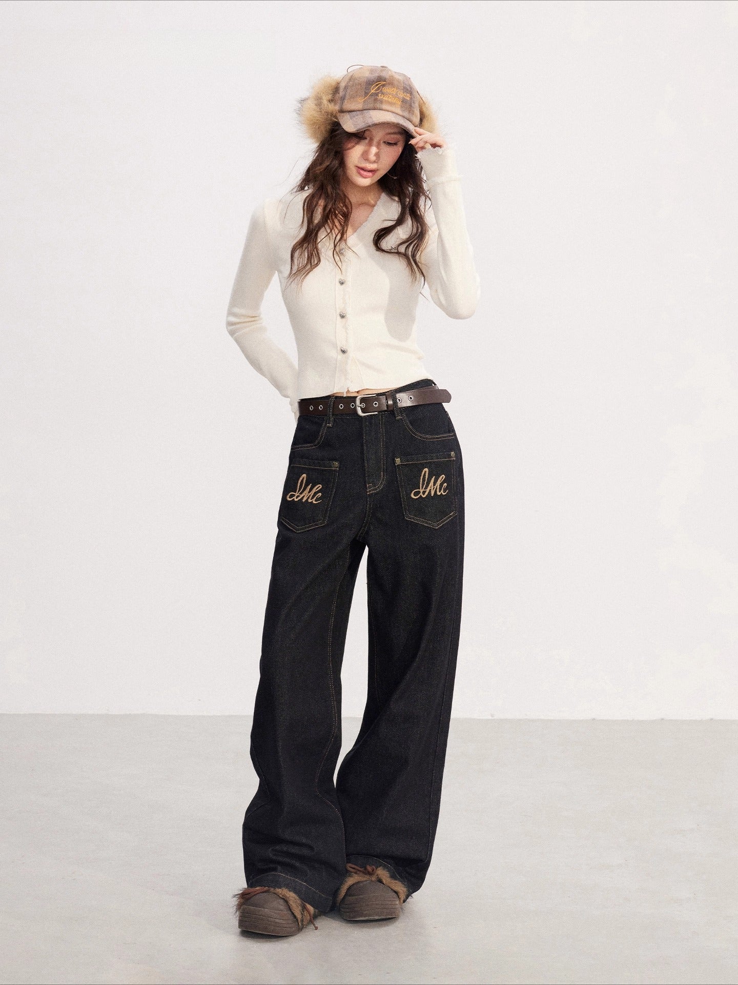 Embroidered Vintage Wide-Leg Denim Pants