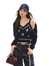 Navy Blue Floral Embroidery Knitted Cardigan - CHINASQUAD