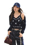 Navy Blue Floral Embroidery Knitted Cardigan - CHINASQUAD
