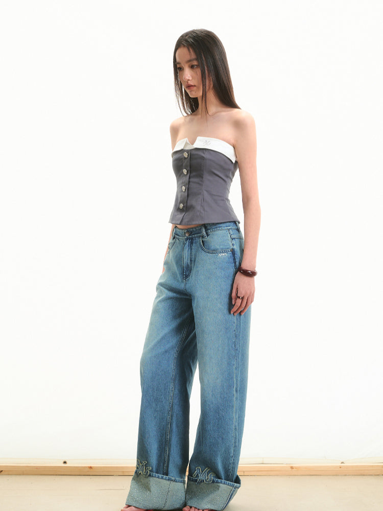 Fake Two-Piece Color Block Mermaid Strapless Top - CHINASQUAD