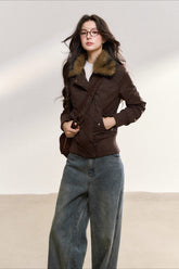 White Faux Fur Collar Quilted Short Jacket - CHINASQUAD