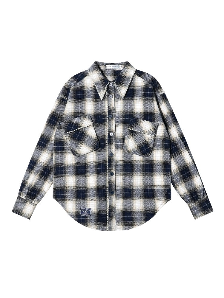 Pearl-Trimmed Polo-Neck Checkered Shirt - CHINASQUAD
