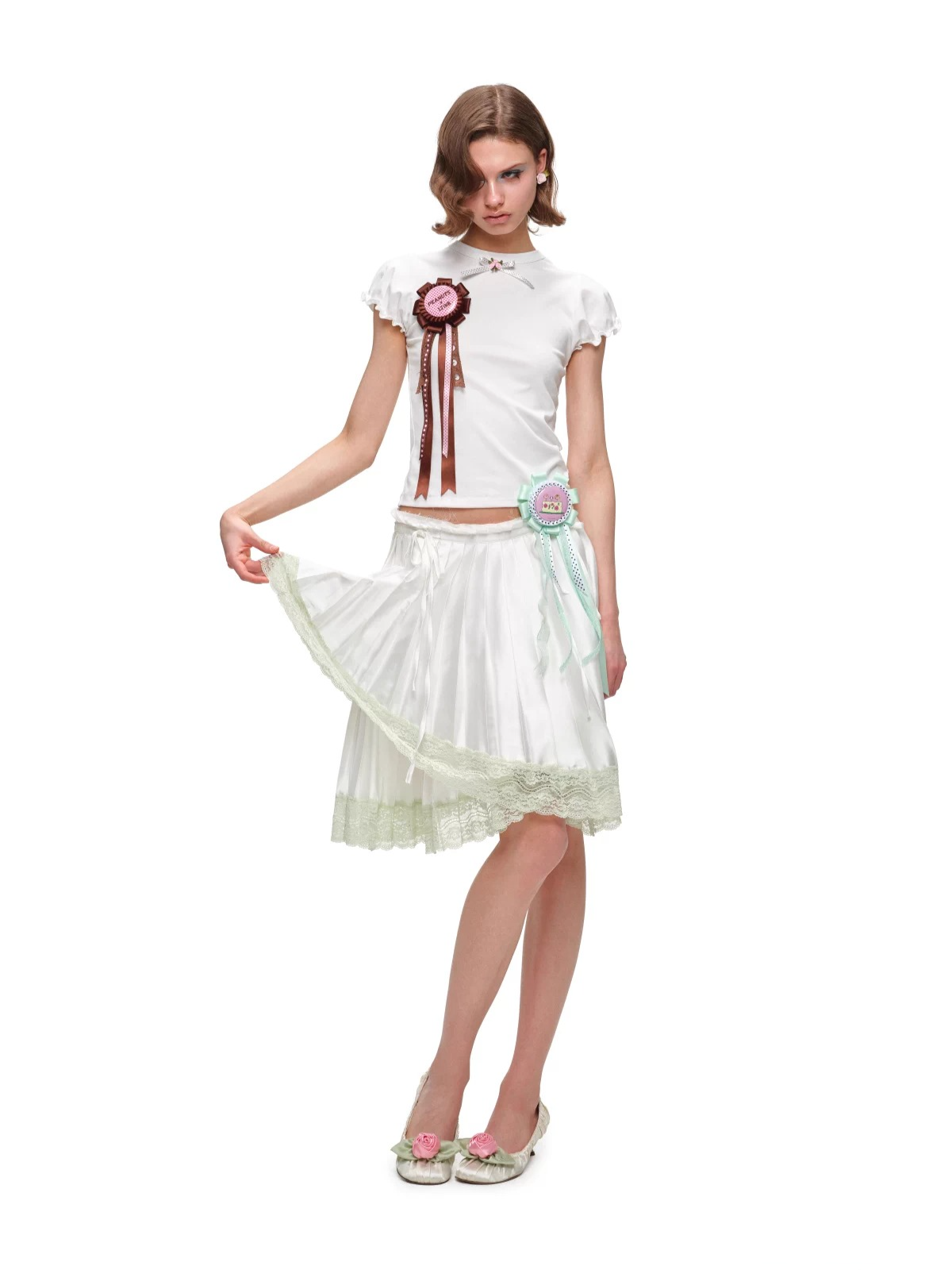 Asymmetric Pleated Satin Lace Midi Skirt