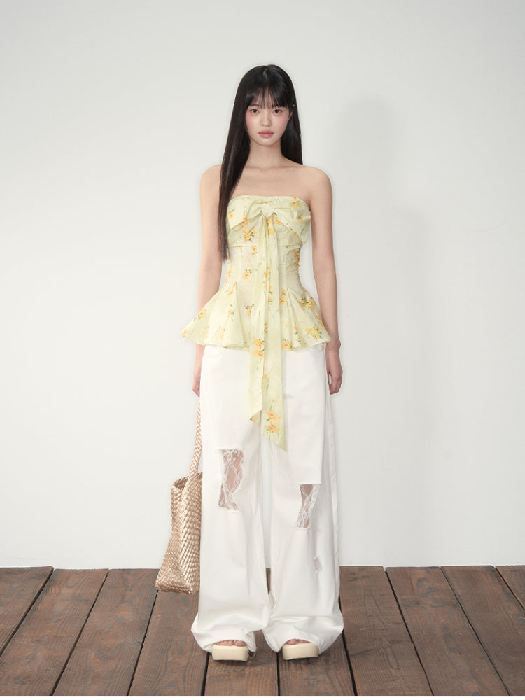 Yellow Floral Elastic Bow - adorned Strapless Top - CHINASQUAD