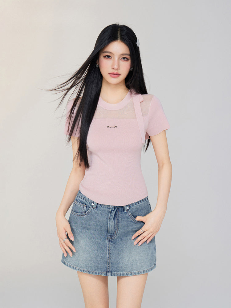 Hollow-out Tie-up Knit Round Neck Short Sleeve Top - CHINASQUAD