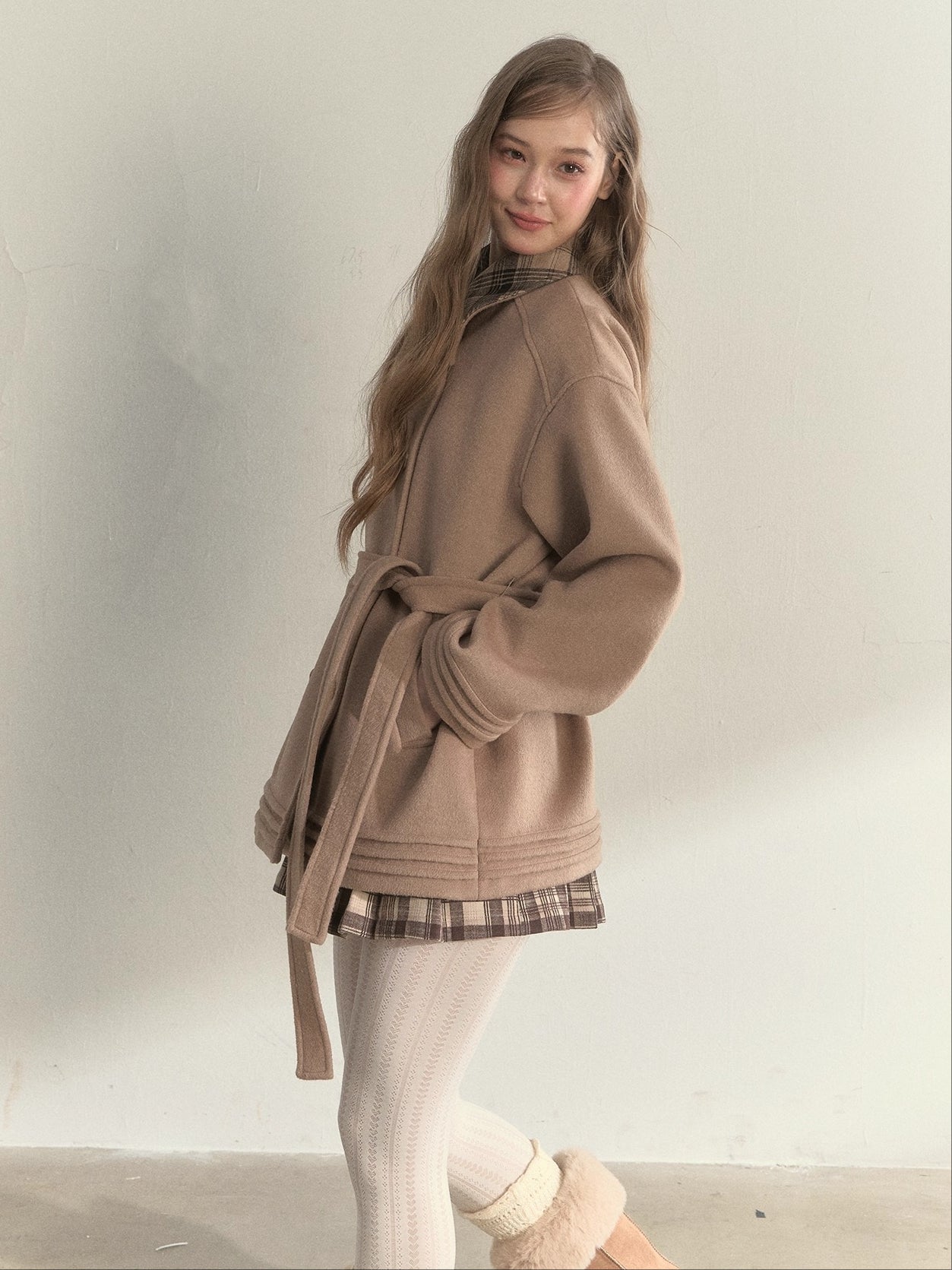 Khaki & Misty Pink Plaid Collar & Belt Wool Coat