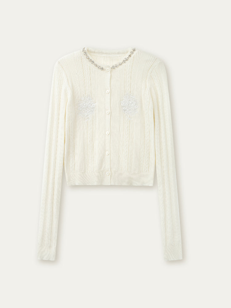 Handmade Rhinestone Collar Rose-Embroidered Knitted Cardigan - CHINASQUAD