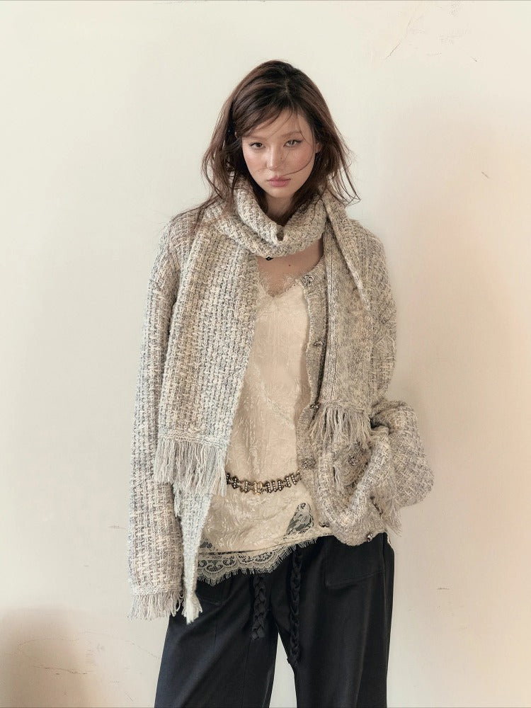Frayed Edges Wool Mid-Length Knit Cardigan - CHINASQUAD
