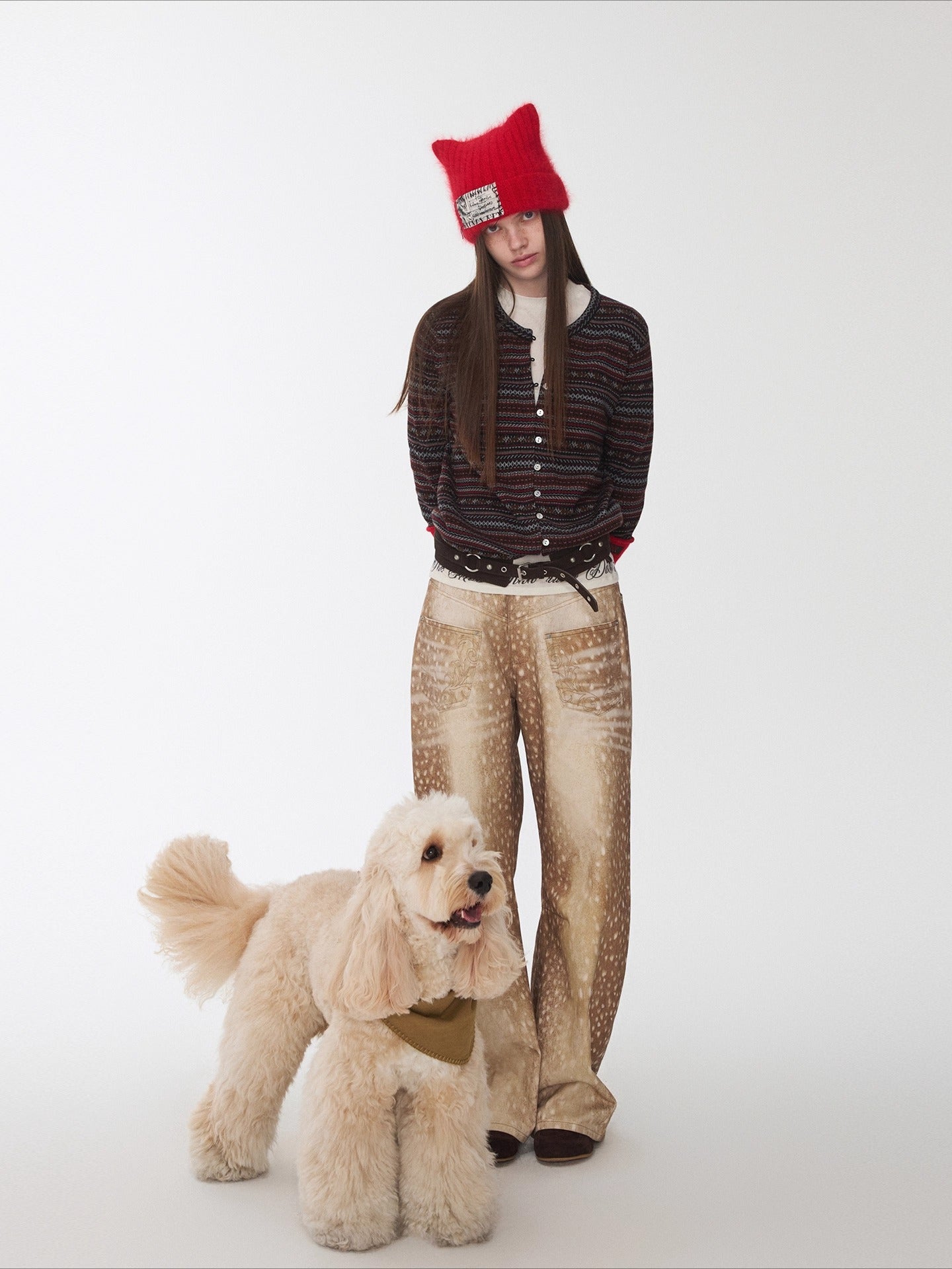 Vintage Deer Print Curved-Leg Canvas Pants