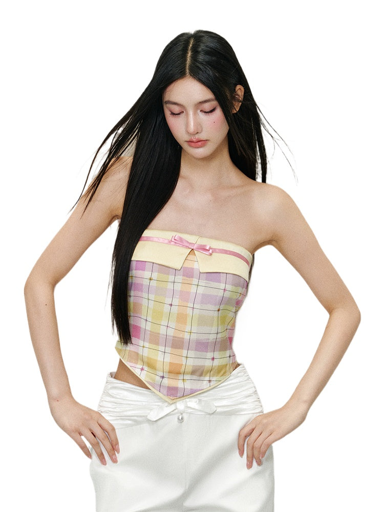 Color-block Plaid Bow Strapless Top - CHINASQUAD