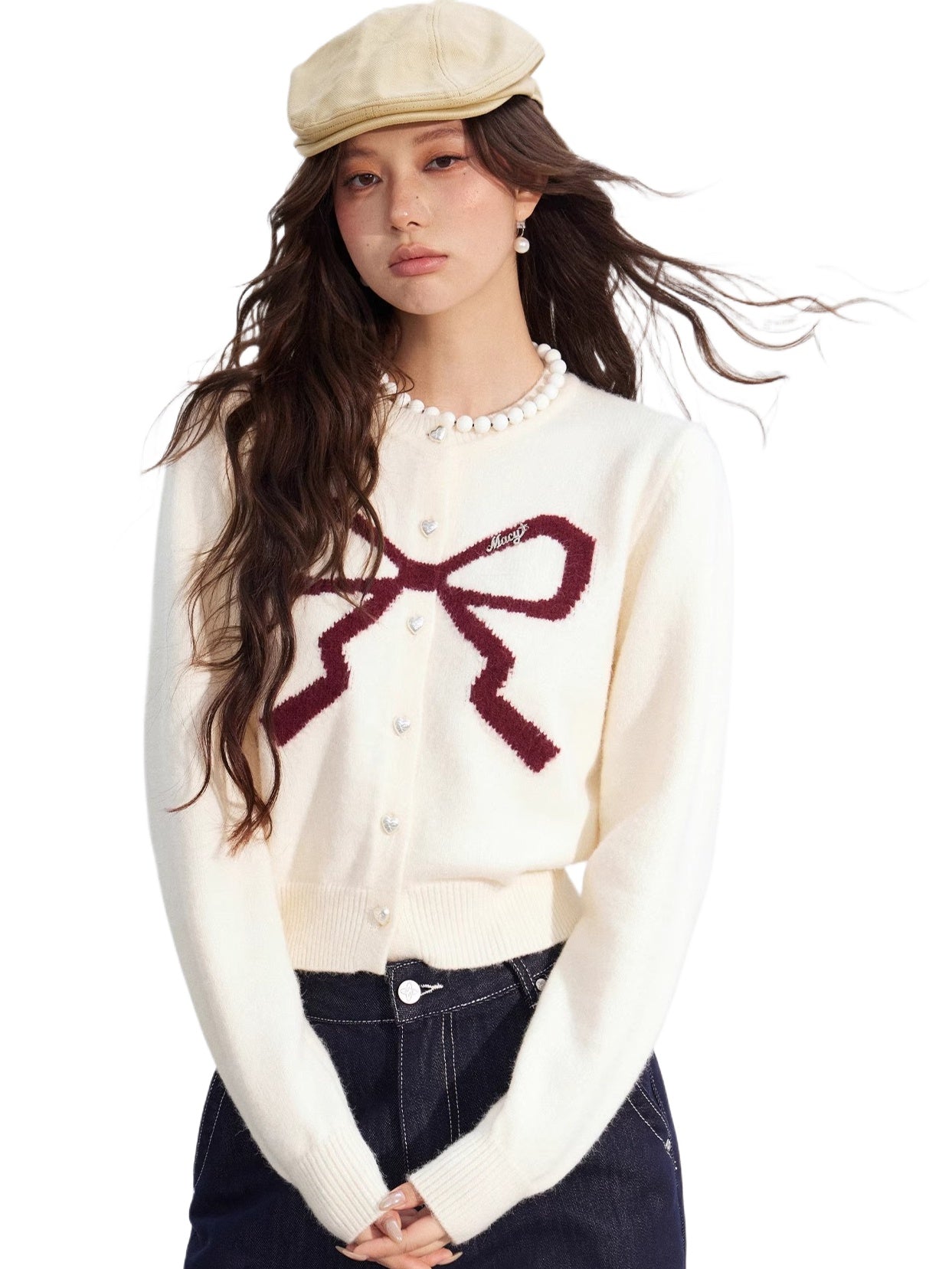 Bow Detail Cropped Knit Cardigan