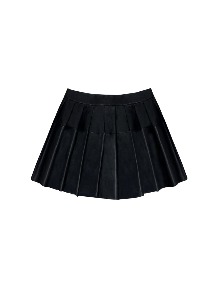 Black PU Split Pleated Leather Skirt - CHINASQUAD