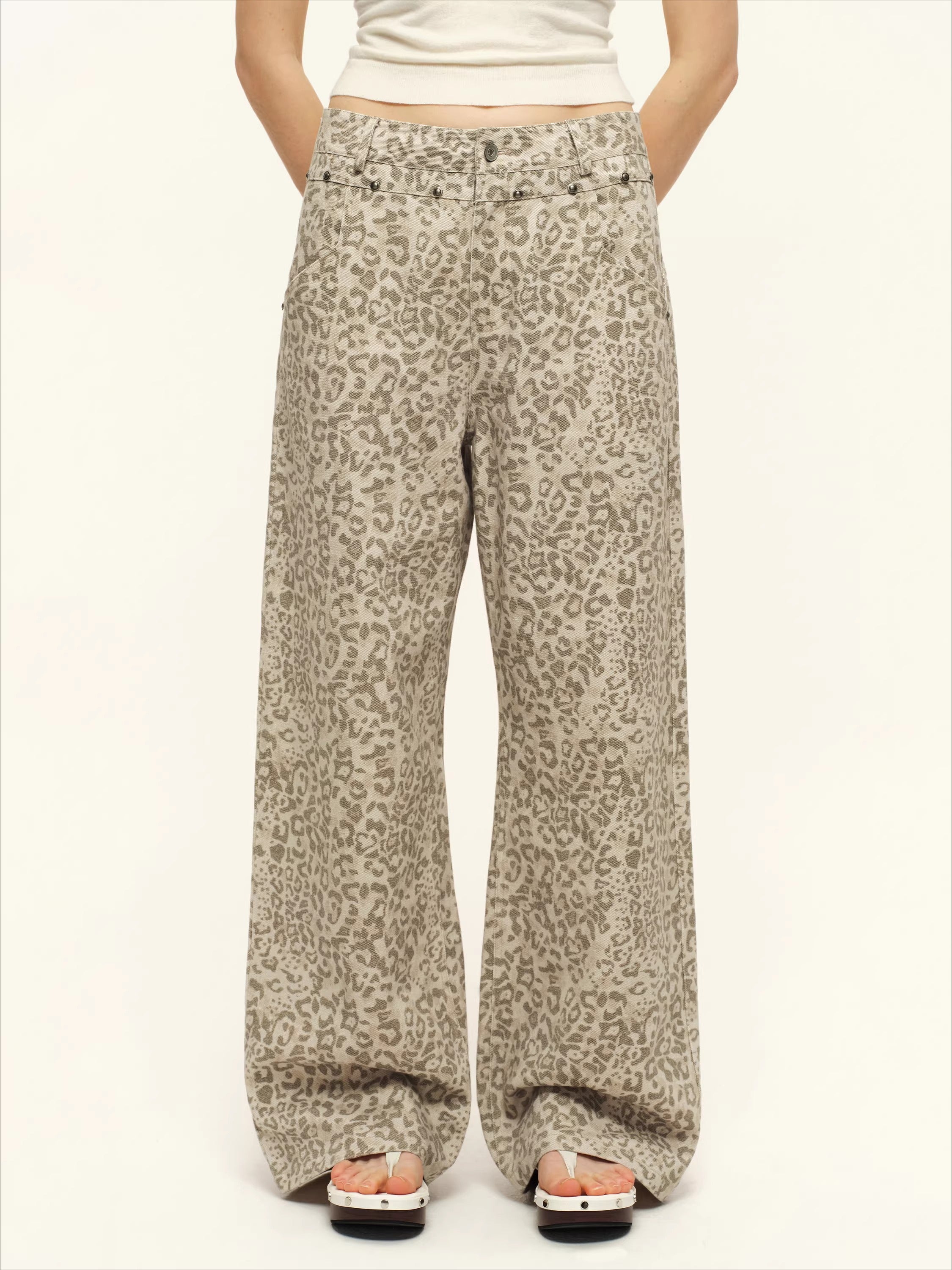 Vintage Studded Leopard Straight-Leg Trousers