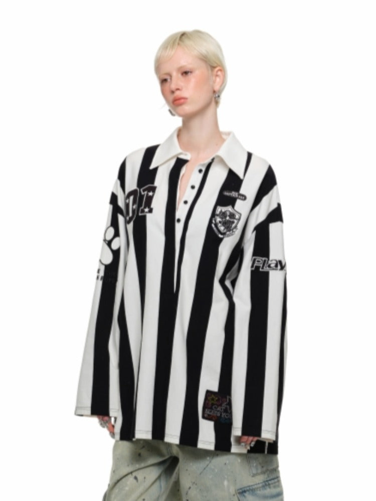 Black & White Striped Polo Shirt - CHINASQUAD