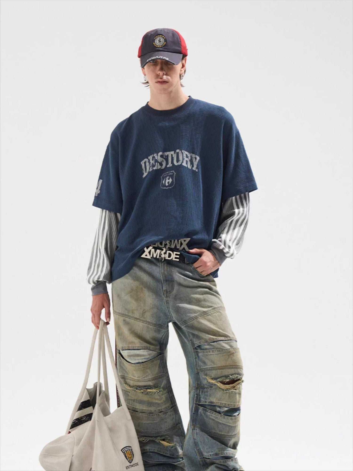 Faded Print Layered-Effect Patchwork Long Sleeve T-Shirt - CHINASQUAD