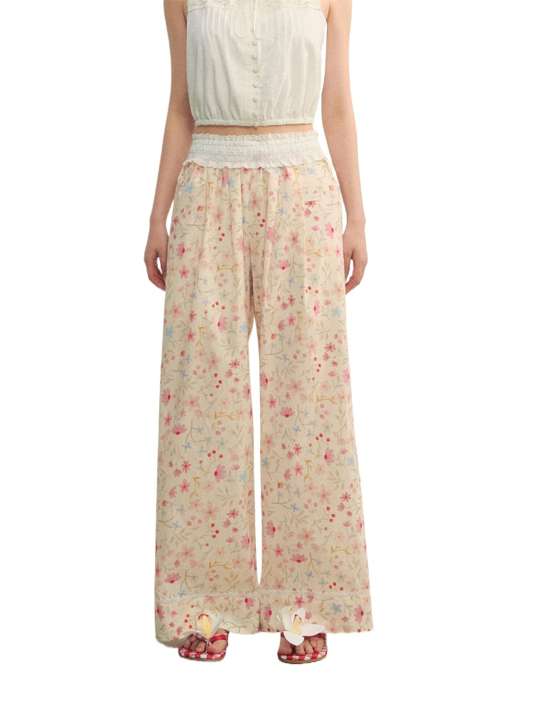 Lace-Trimmed Waist-Tie Wide-Leg Pants - CHINASQUAD