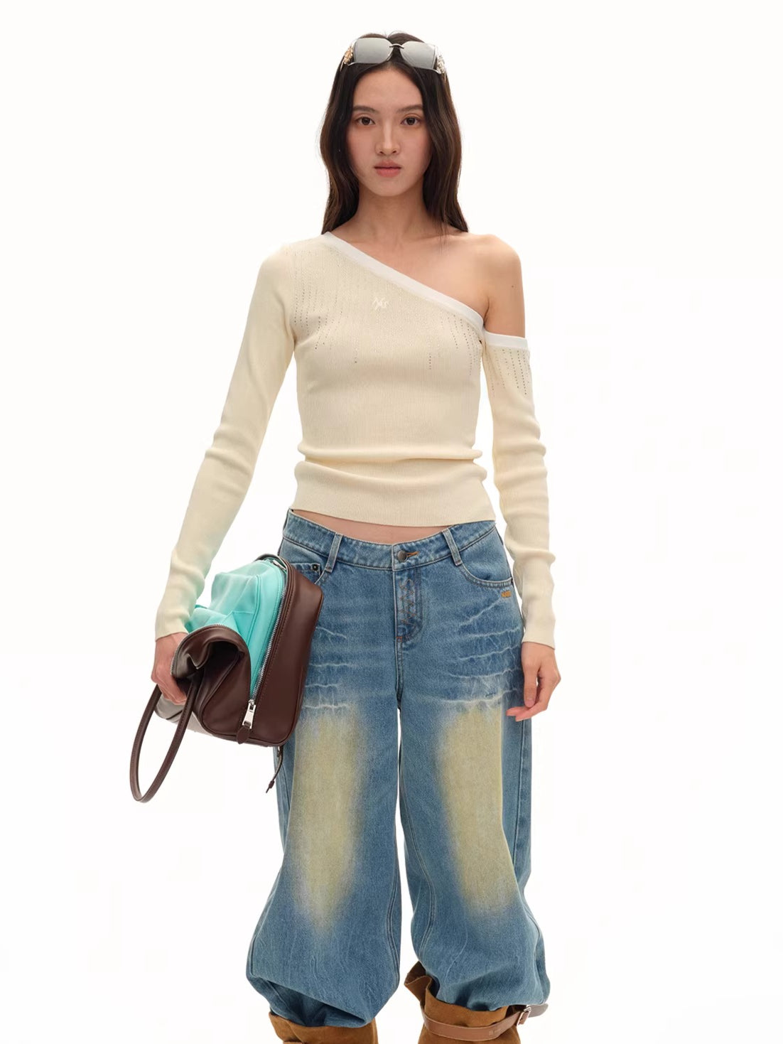 Asymmetric Off-Shoulder Sculpt Knit Crewneck