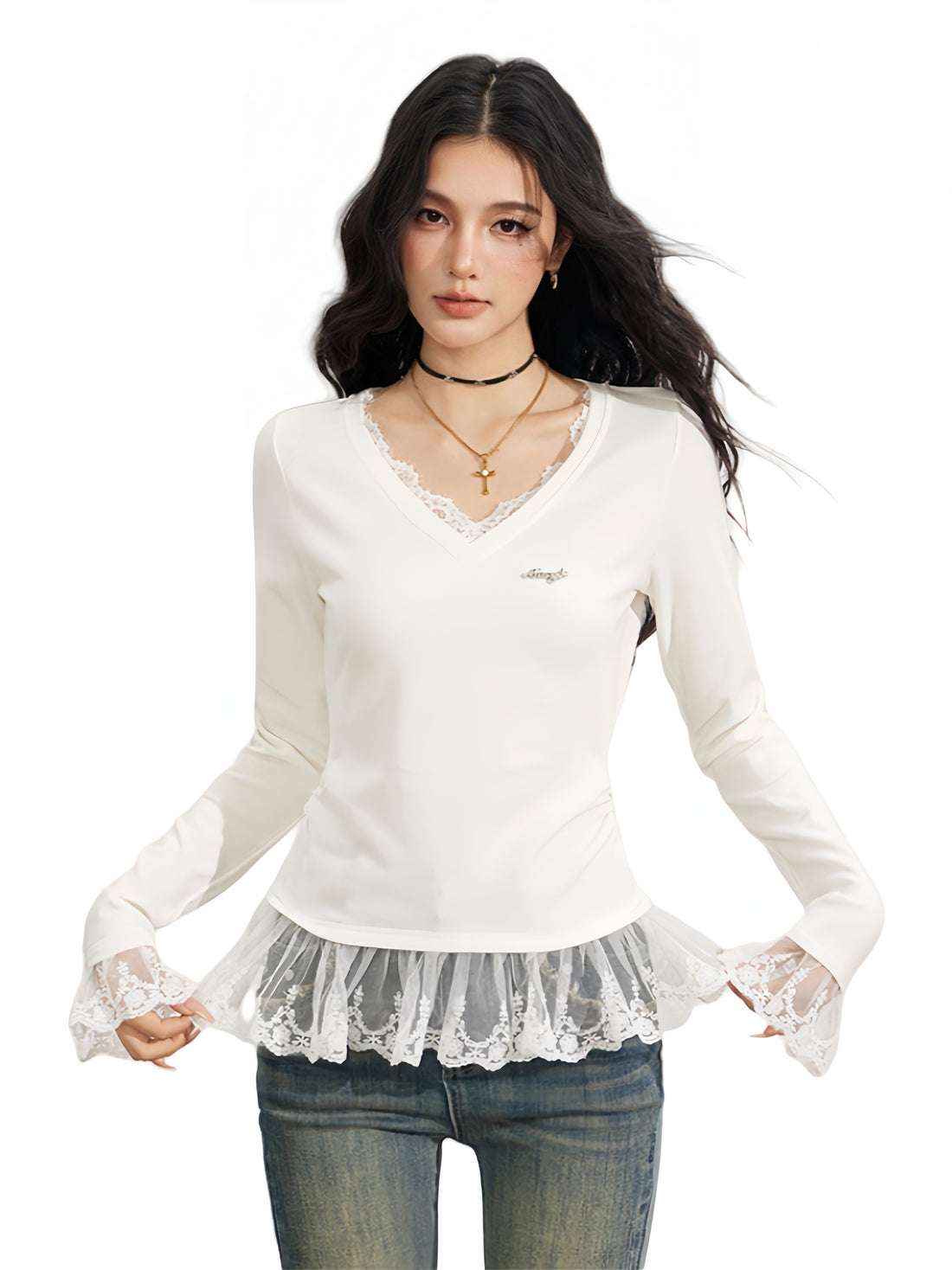 Lace Panel V-Neck Slim-Fit Long Sleeve T-Shirt - CHINASQUAD