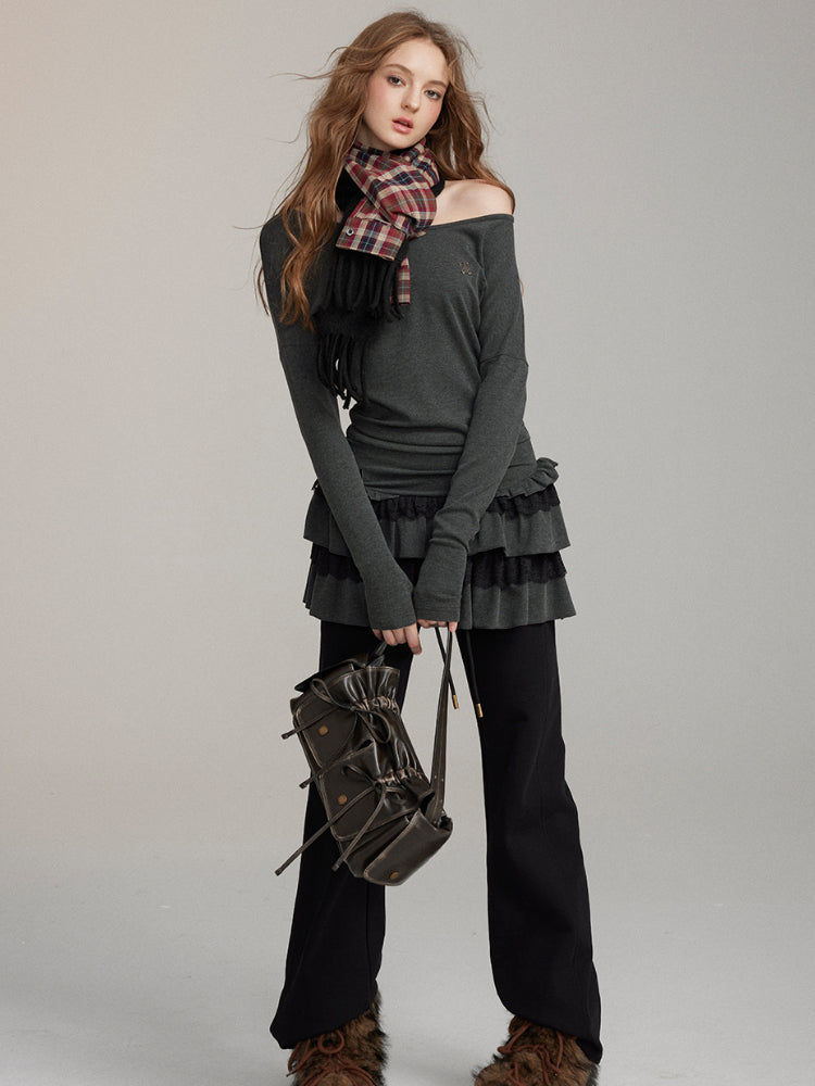 One-Shoulder Lace-Trim Tiered Dress - CHINASQUAD