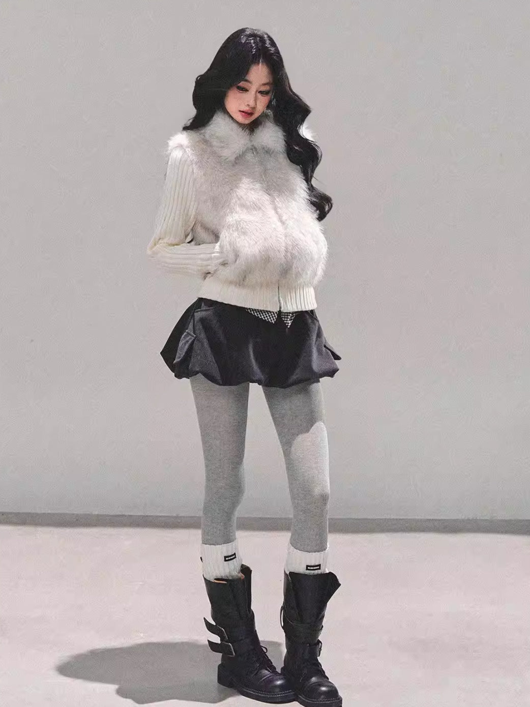 Faux Two-Piece Eco Fur Knit Jacket