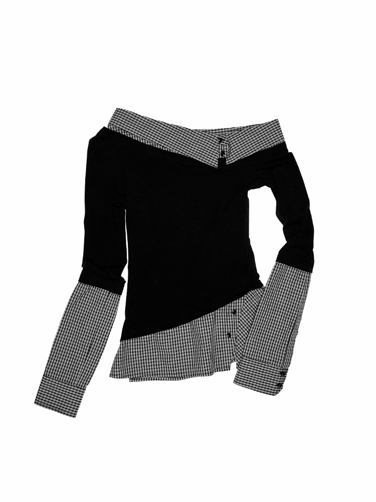 Asymmetric Collar Fake Two-Piece Fitted Blouse - CHINASQUAD