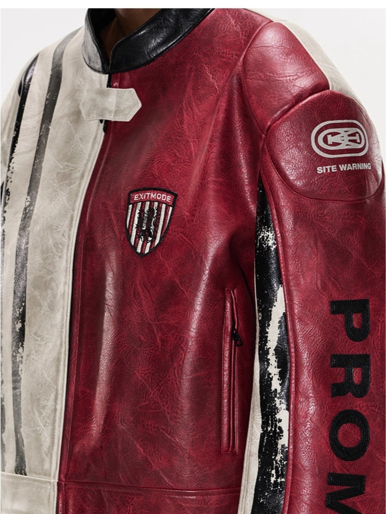 Distressed Contrast Leather Sports Jacket - CHINASQUAD