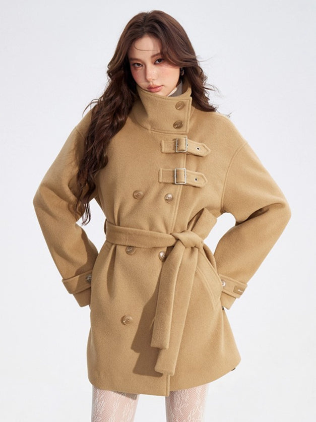 Double-Breasted Wool Blend Stand-Collar Coat