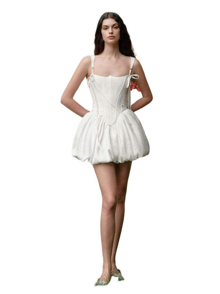 Elegant Waistline Mini Bubble Dress - White / XS Elegant Waistline Mini Bubble Dress - White / XS