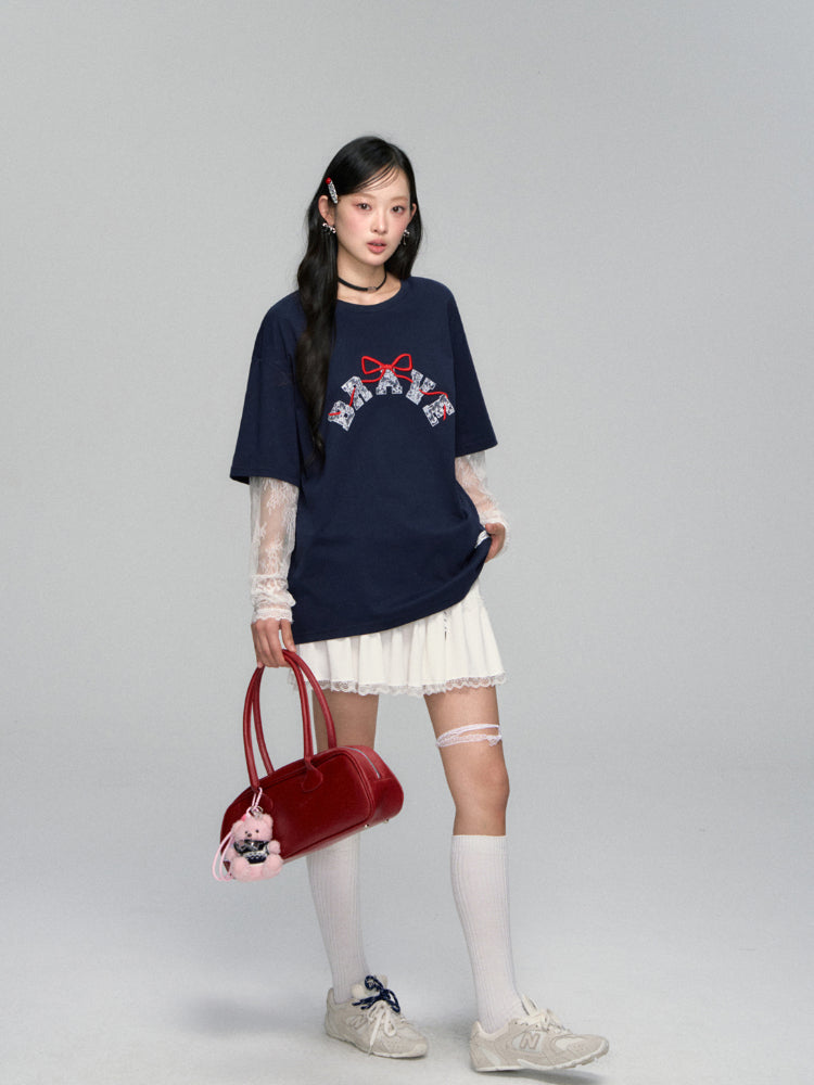 High-waisted Drawstring Lace-spliced Tiered Skirt - CHINASQUAD