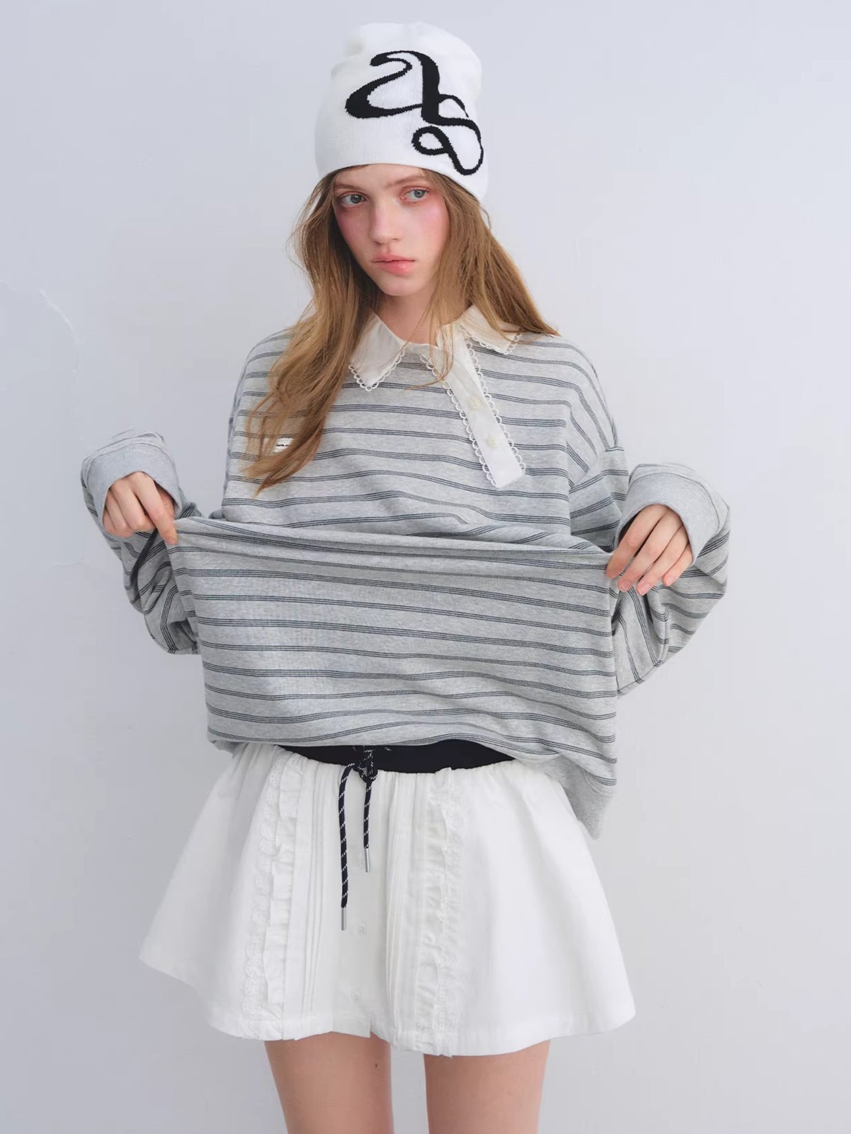 Placket Ruffle Collar Striped Sweatshirt