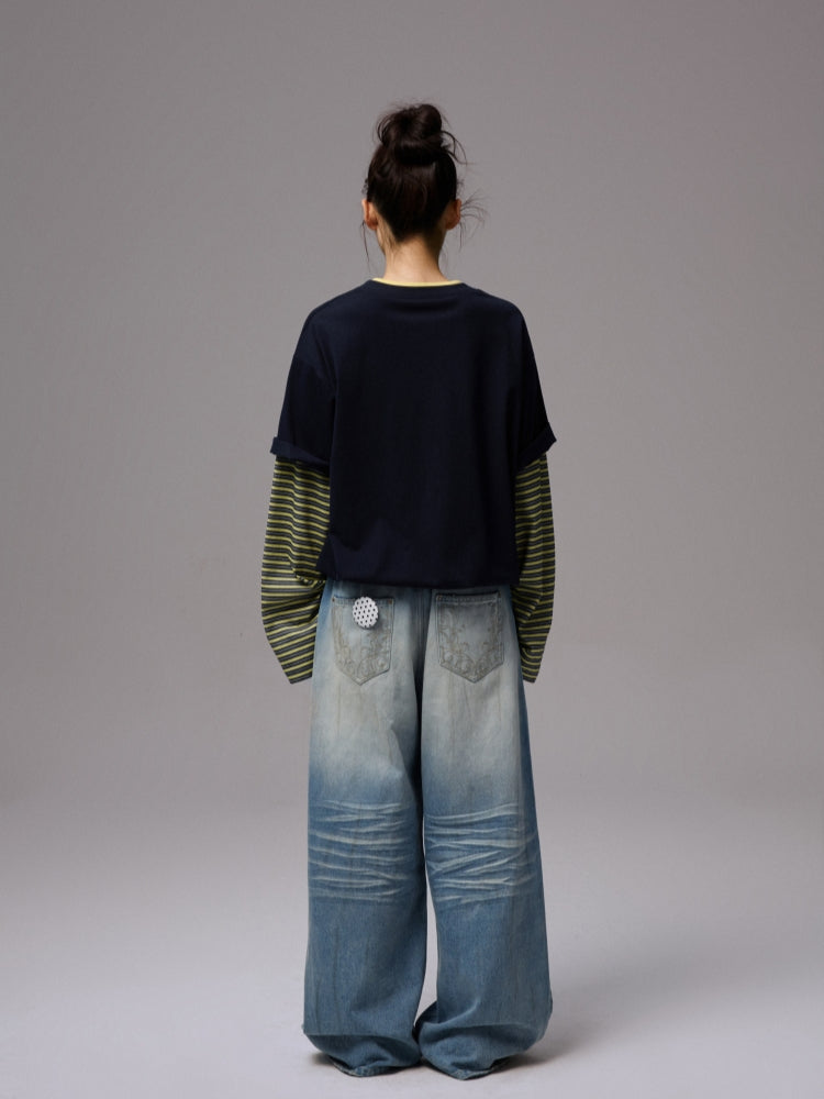 Fake Two-Piece Contrast Color Loose Striped T-Shirt - CHINASQUAD