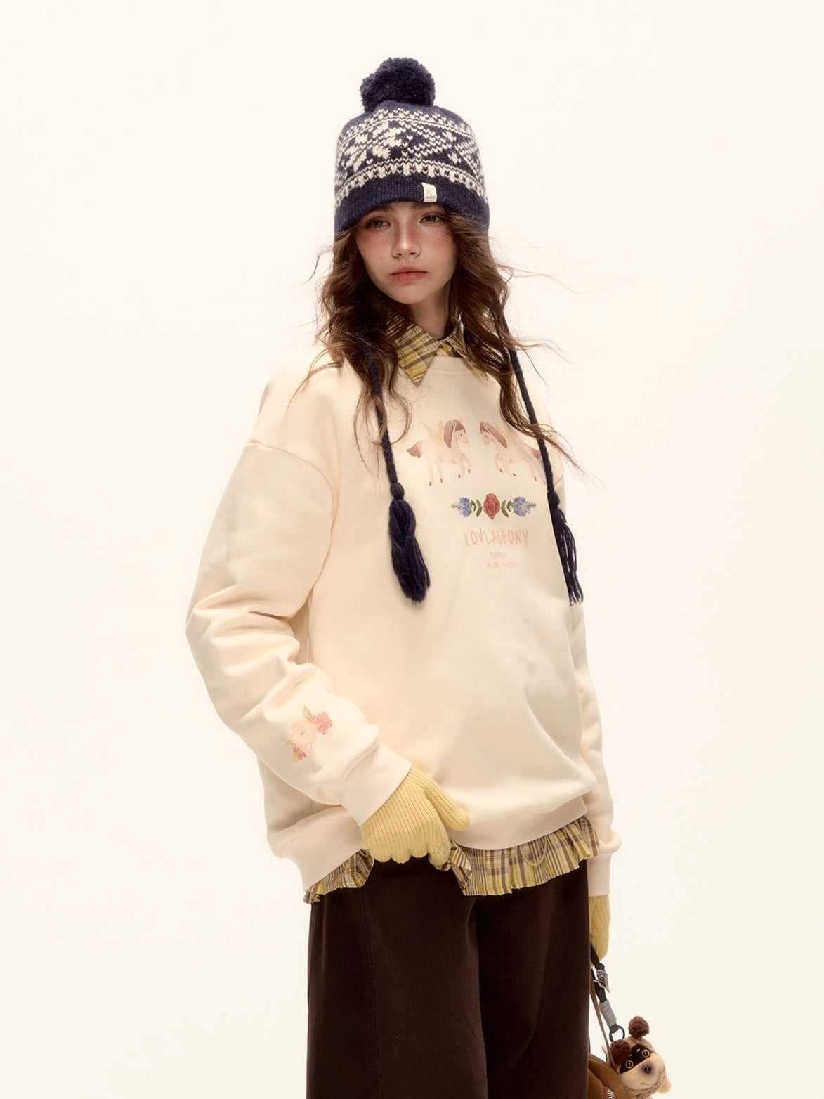 Floral Pony Print Fleece-Lined Pullover Sweatshirt