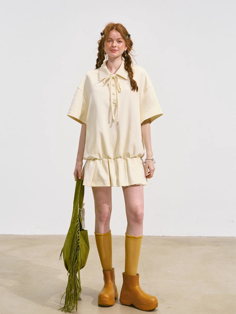 Bowknot Pleated Short-sleeved Dress - CHINASQUAD