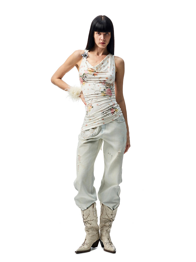 V-Neck Draped Collar Back Knot Tank Top - CHINASQUAD