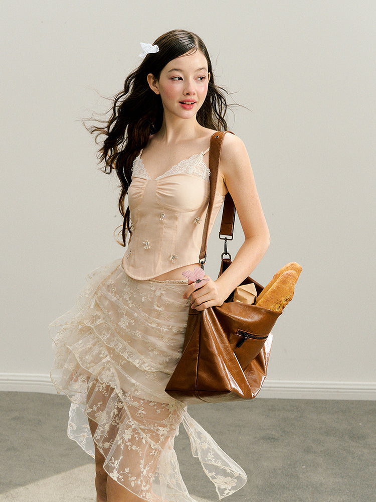 Pink Lace Trim Spaghetti Strap Top - CHINASQUAD