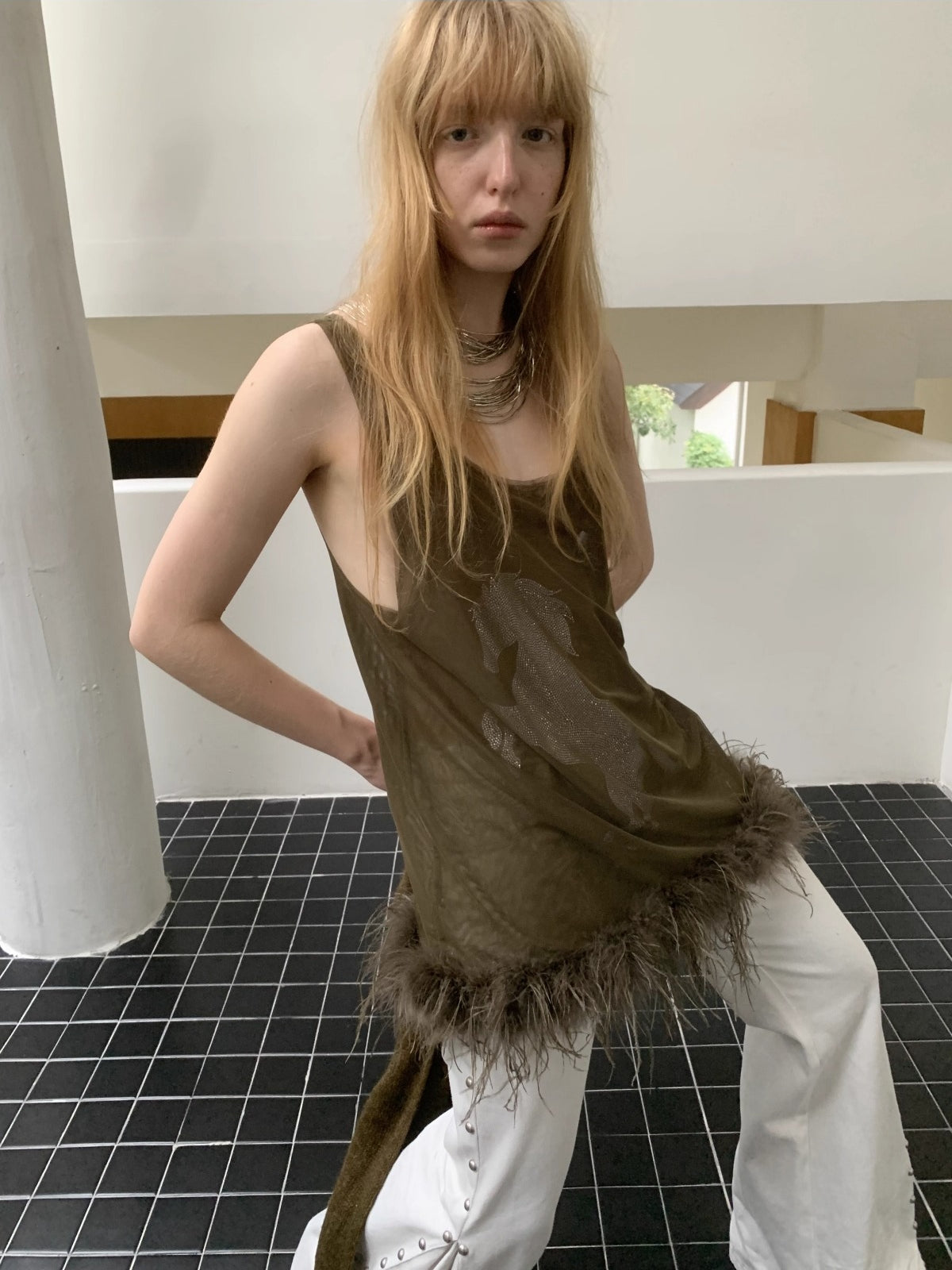 Trim Sheer Mesh Rhinestone Tank Top