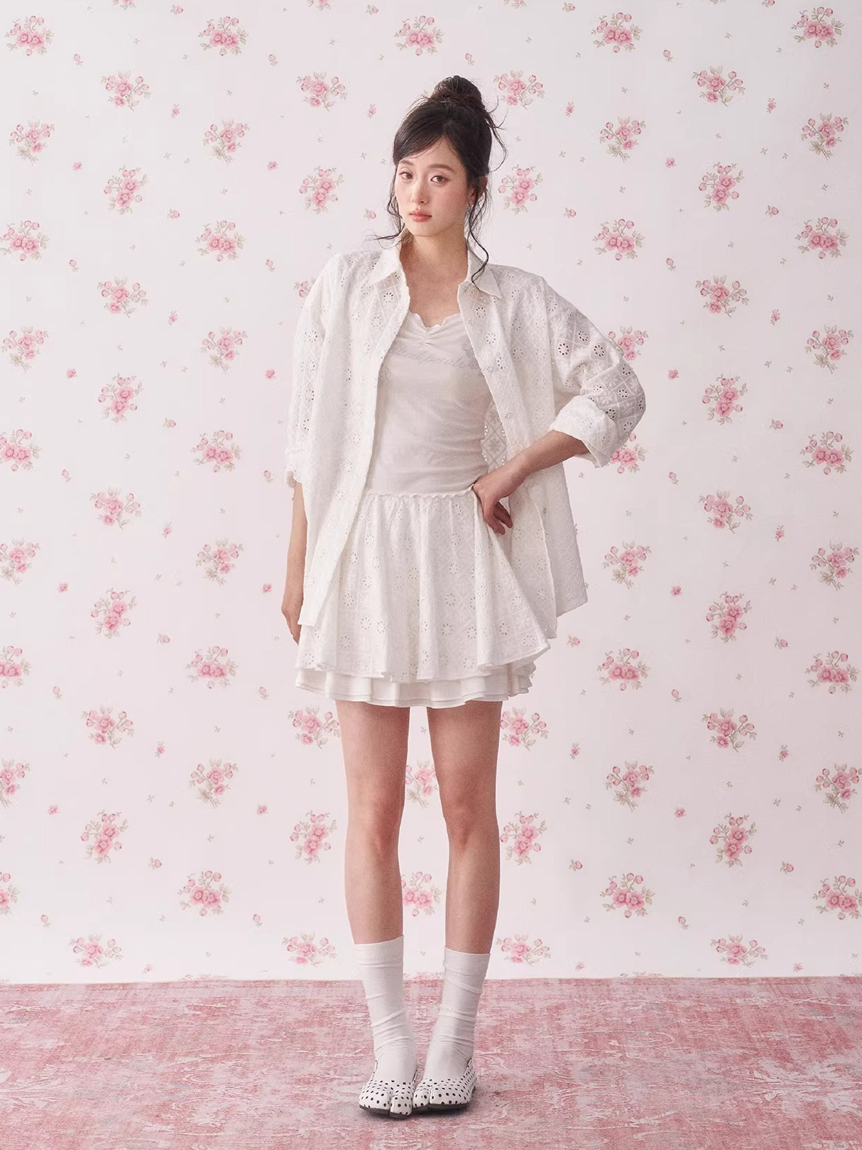 Lace Cutout Shirt & Pleated Skirt Set