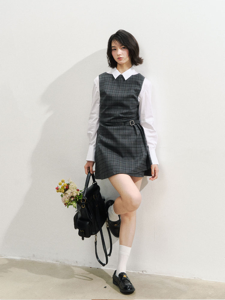 Fake Two-piece Checked Shirt Dress - CHINASQUAD