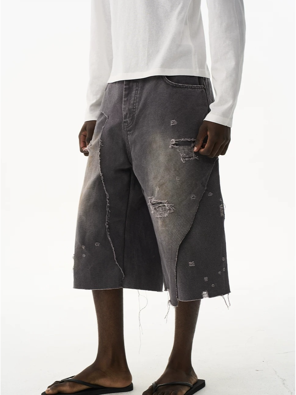 Distressed Double-Layer Washed Grey Shorts