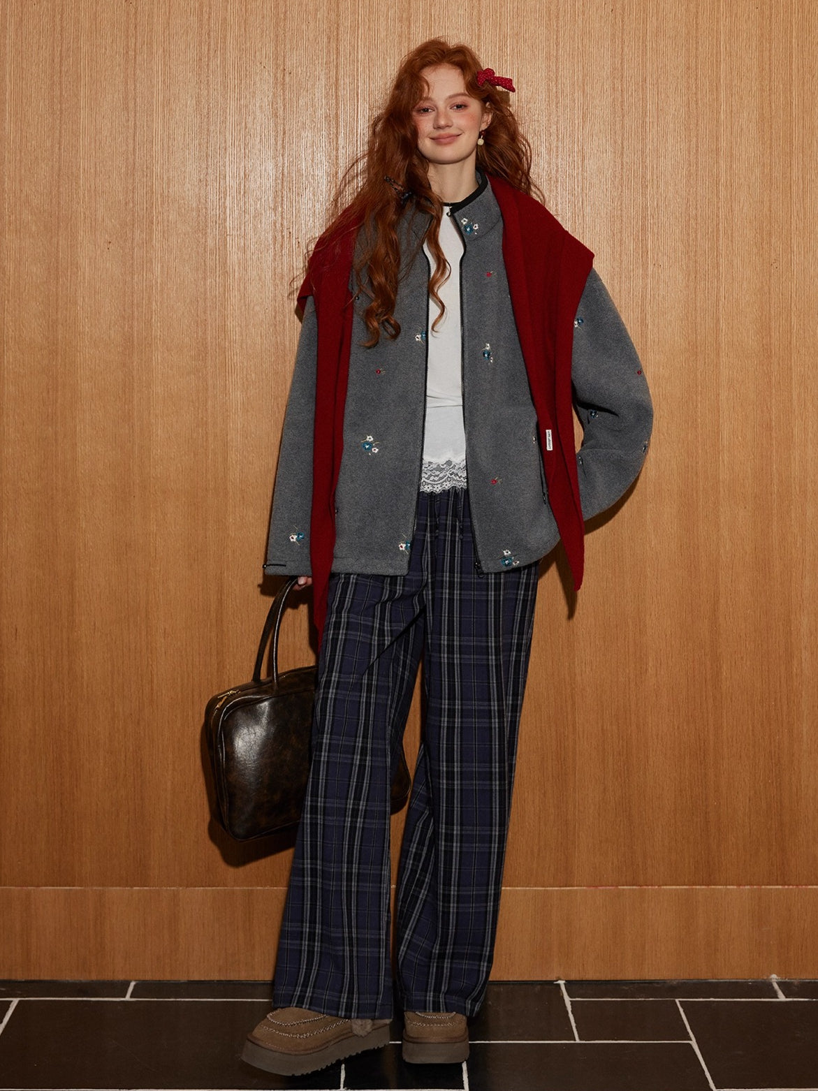 Floral Embroidered Plaid Fleece Oversized Jacket