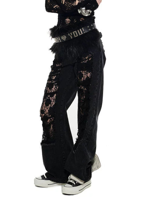Blue & Black Ripped Lace Denim Jeans - CHINASQUAD