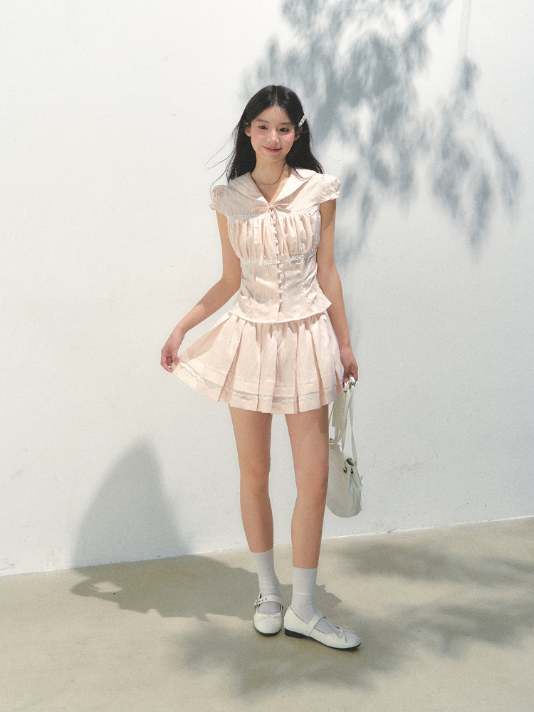 Navy Collar Lyocell Waist-cinching Shirt & Skirt Set - CHINASQUAD