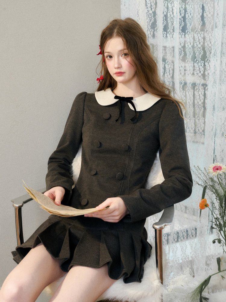 Houndstooth Academy Babydoll Pleated Dress - CHINASQUAD