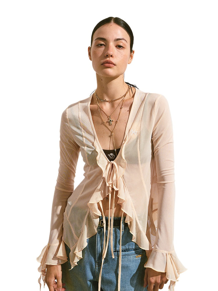 V-Neck Ruffle Mesh Overlay Top - CHINASQUAD