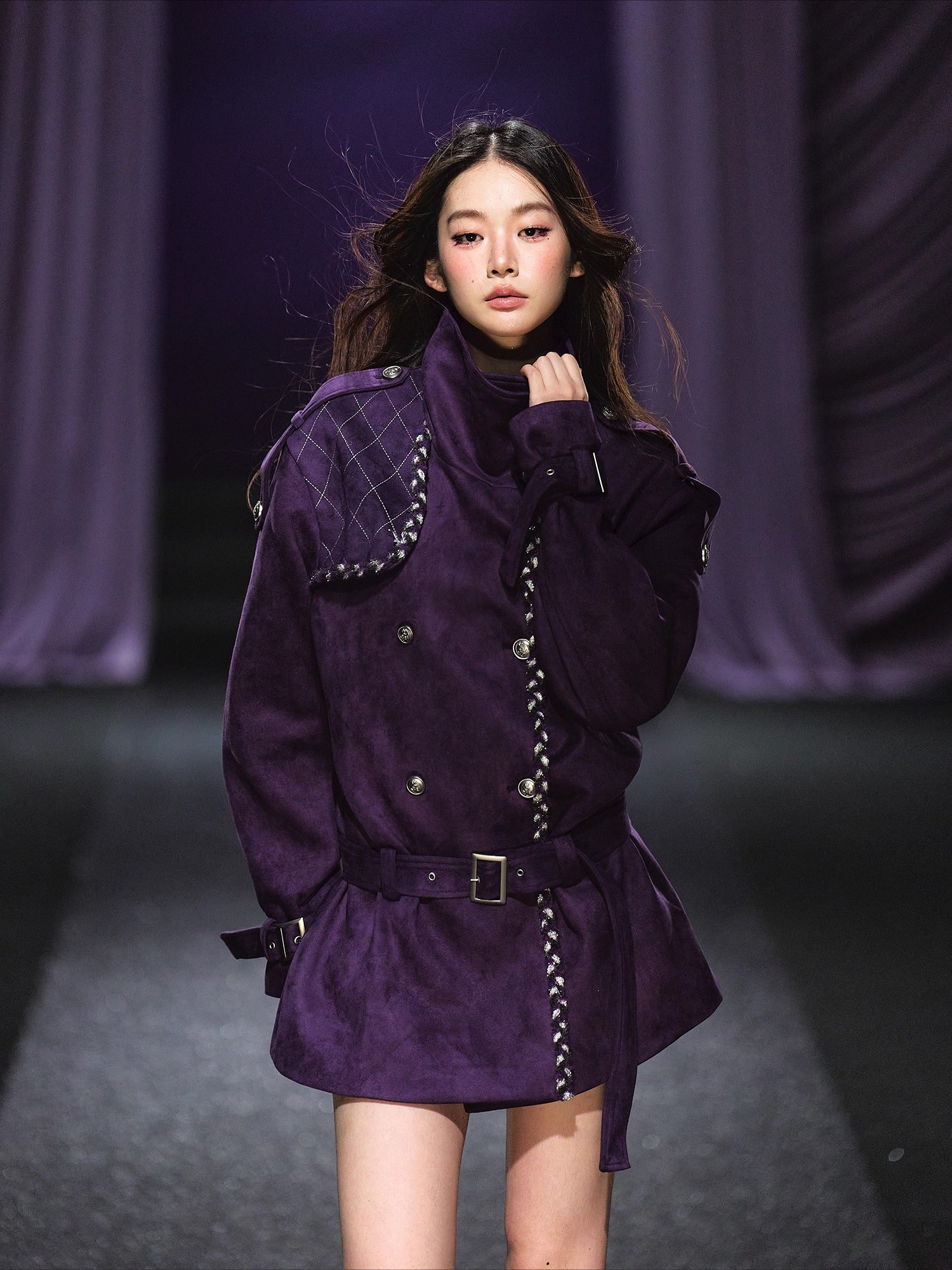 Purple Suede Stand-Collar Trench Jacket - CHINASQUAD