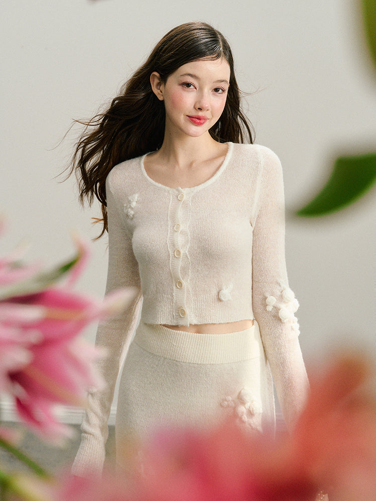 White Rose Hand-Crocheted Mohair Knit Cardigan - CHINASQUAD