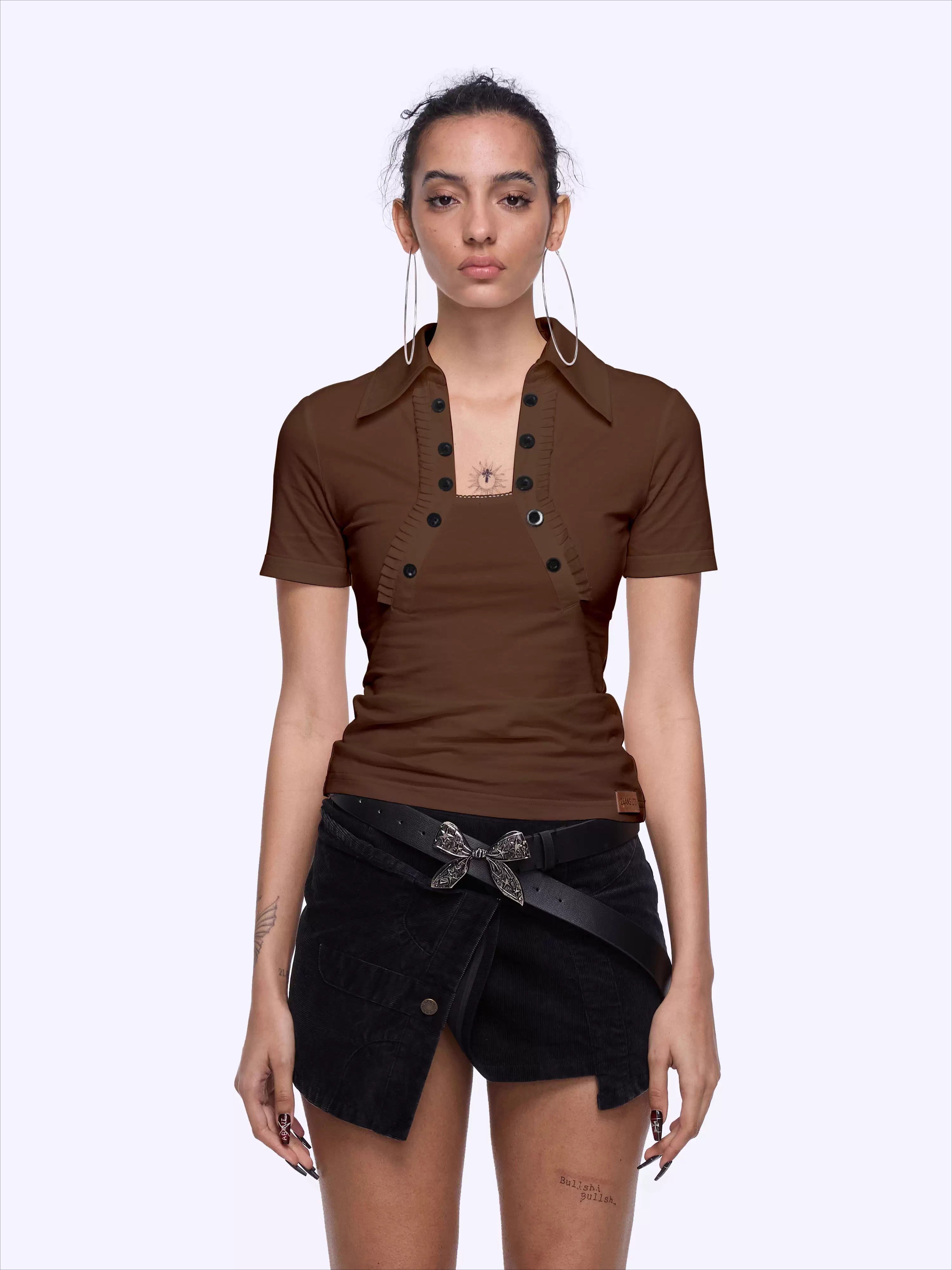 Backless Letter Print Lace-Trim Polo T-Shirt