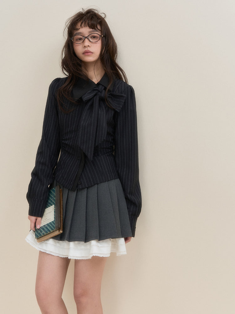 Off-Center Button Detachable Bow Shirt - CHINASQUAD